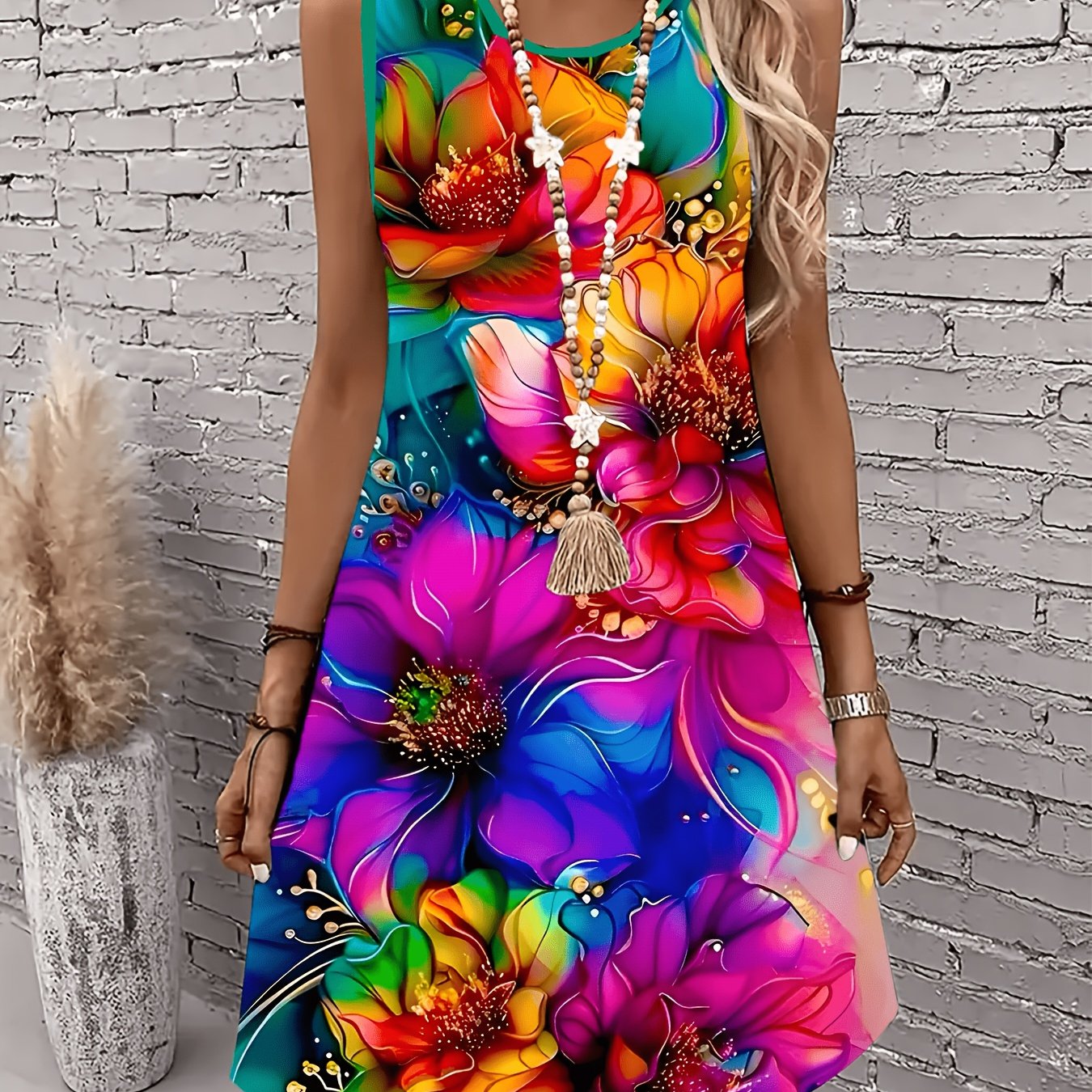TEMU [printed Design, Not Textured] - Women's Casual Printed Dress, Suitable For Beach, Office, Daily Wear, Long Skirt