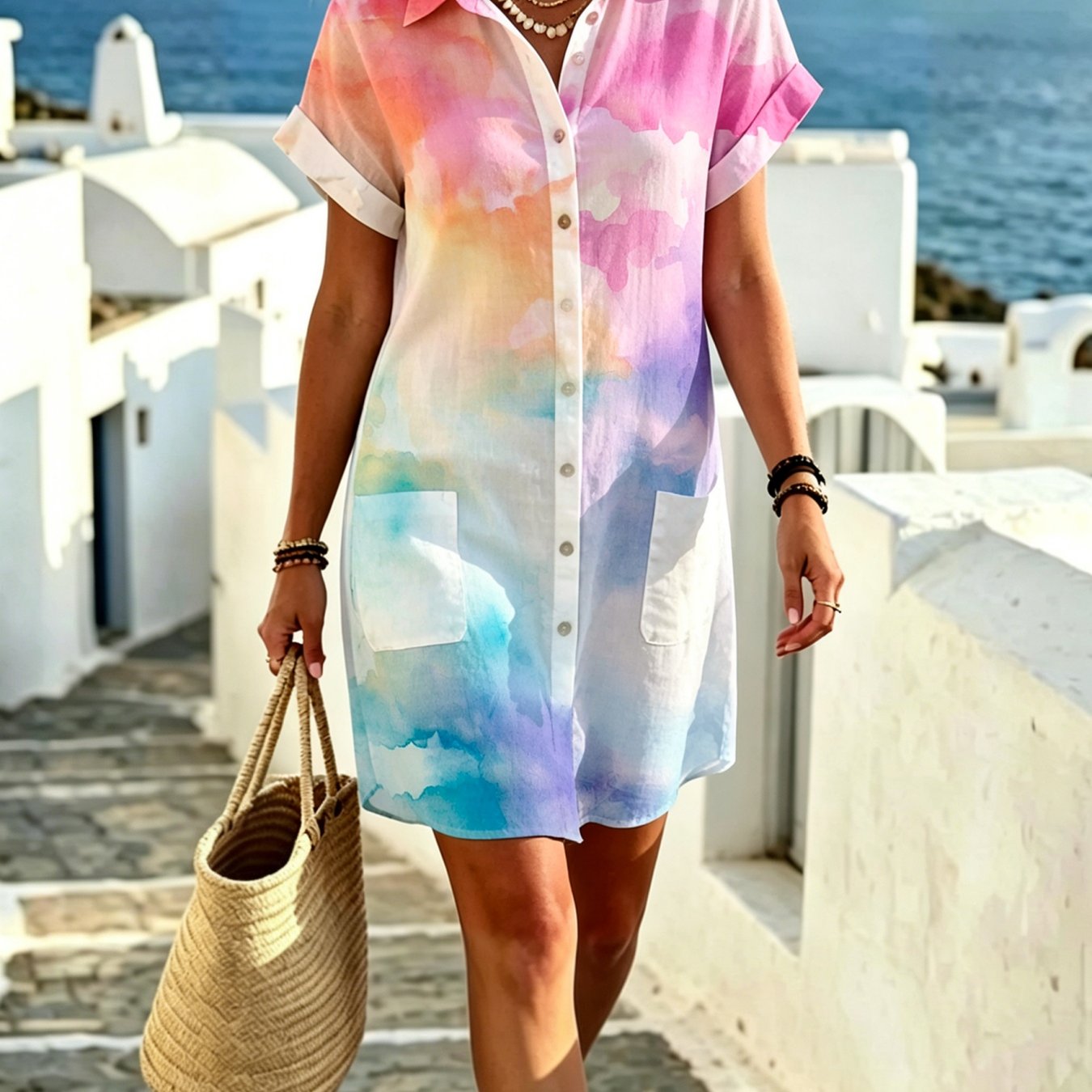 Women's Summer Shirt Dress Tie-dye Gradient Elegant And Sophisticated Suitable For Button- 2 Pockets Machine Washable Perfect For Vacations Casual Wear Casual Attire Or As A Gift