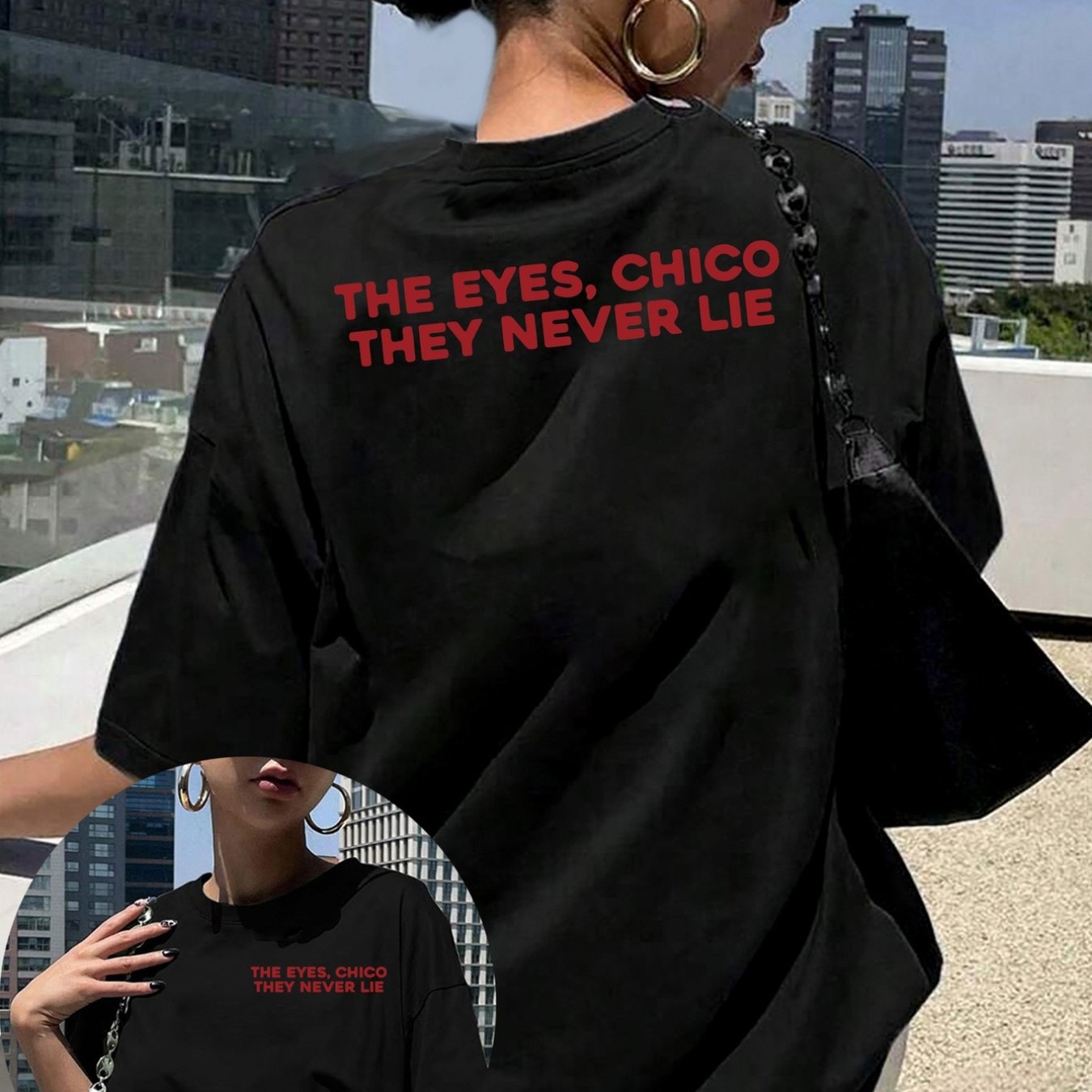 TEMU Front And Back Printed Short Sleeve T-shirt - , Chico, Printed Round Neck Tee - Fashionable And Comfortable, Breathable Casual, Spring/summer