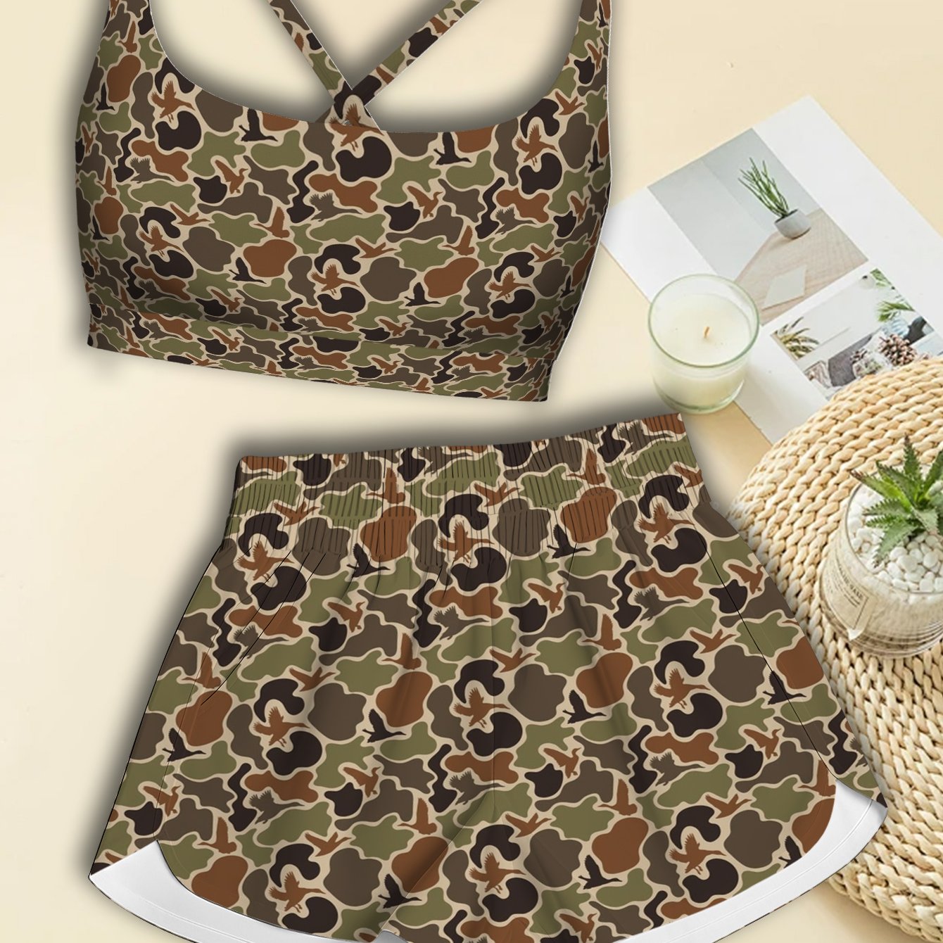 2pcs Women's Sports Suit | Camouflage Pattern Sports Vest And Shorts, Spring Summer Style, Short Sleeveless Vest, Gym And Workout Outfit, Trendy Activewear, Casual Sportswear, Durable And