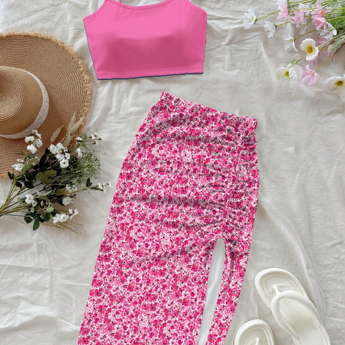 E-shop Damenmode Lässiges zweiteiliges Set mit kurzem Camisole und Bodycon-Rock mit Blumenmuster