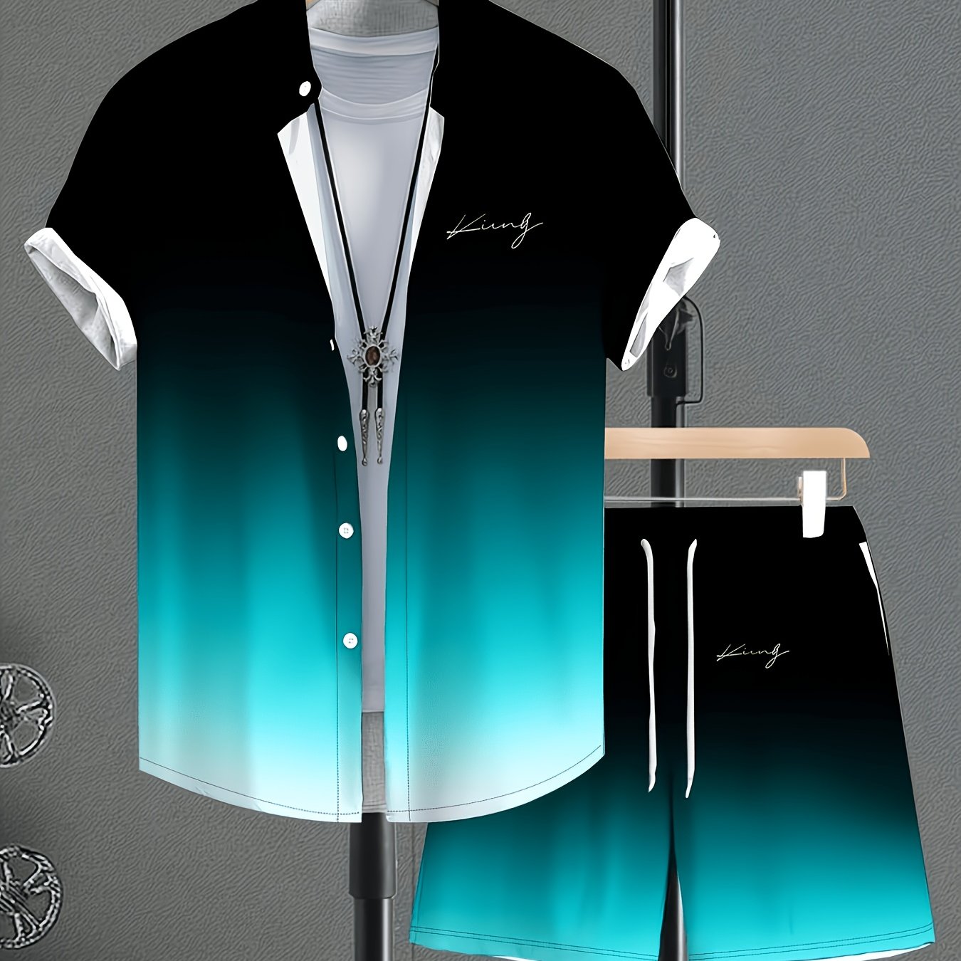 TEMU Men's Beach Vacation Set: Black-blue Gradient Short Sleeve Shirt   Drawstring Shorts, 2pcs Casual Set For Seaside