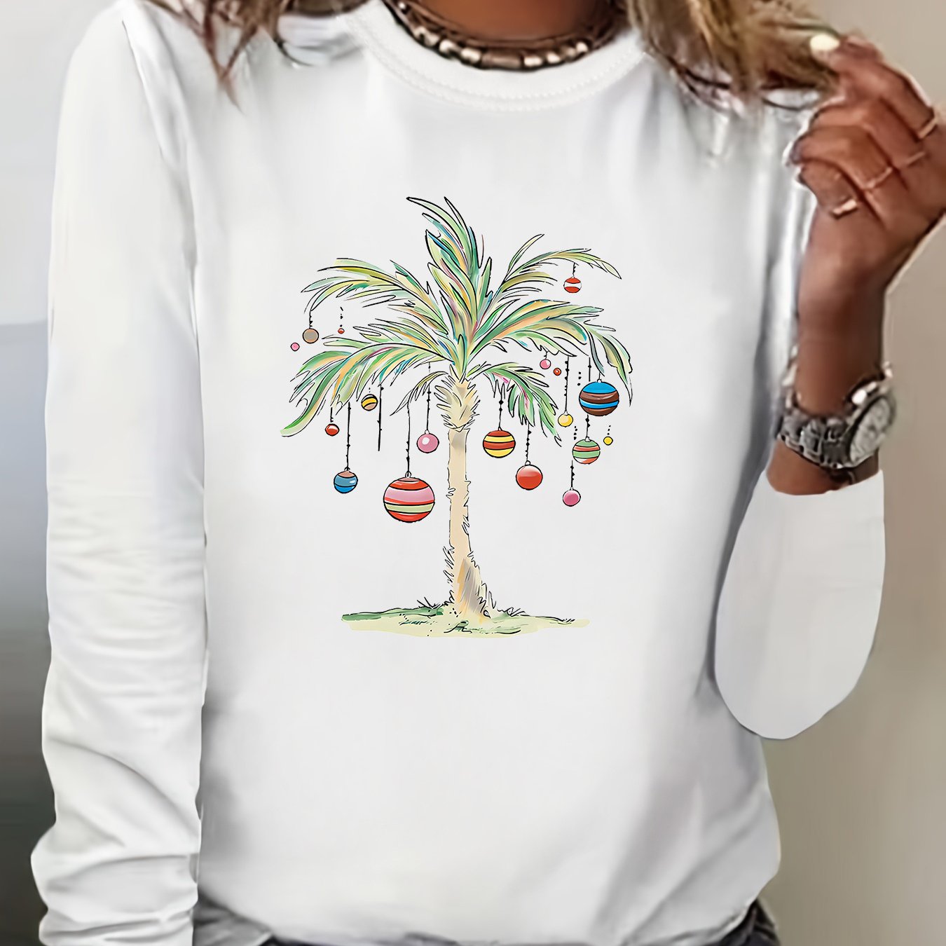 TEMU Women's Christmas Tree Print Long Sleeve T-shirt, Crew Neck Knit Pullover, Casual Polyester Spandex Top For All