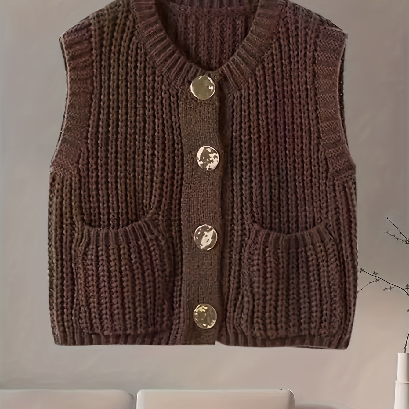 Women's Fashion Lazy Style Pocket Chunky Vest Loose Short Coffee Cardigan With Large Golden Buttons