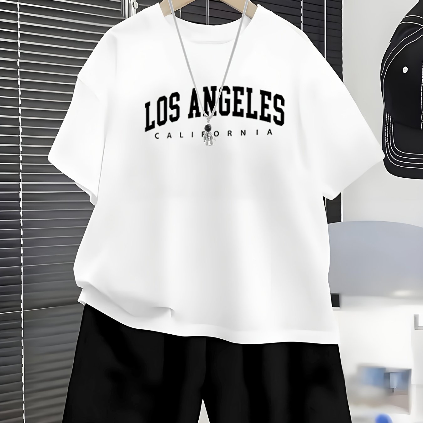 2pcs Boys' Los Angeles Theme T-shirt And Shorts Set | White Short Sleeve T-shirt And Shorts, , Regular Fit, Stretch Fabric, For Spring/summer/fall, For Outdoor