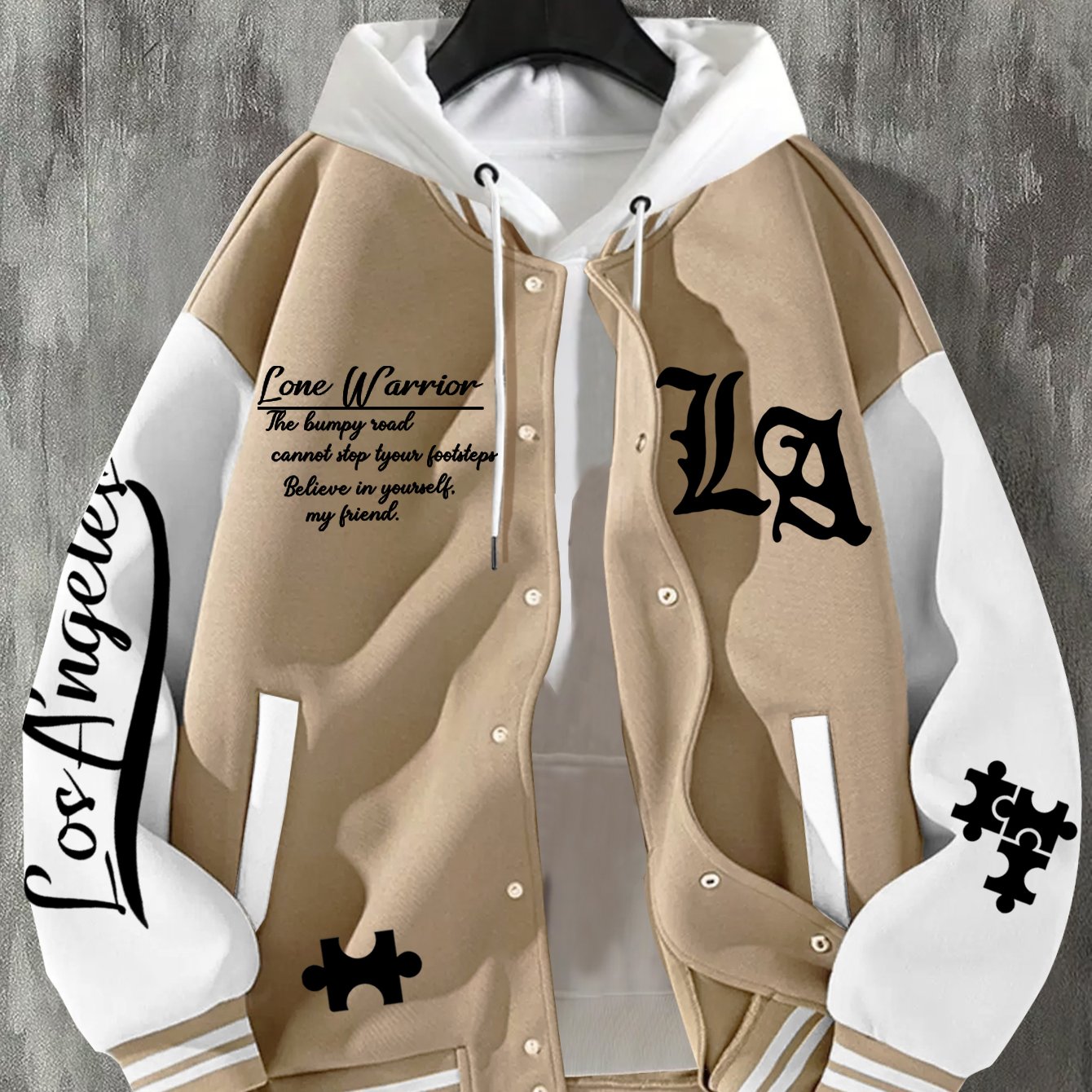 TEMU Men's Casual Trendy Fashion Versatile Brave Jigsaw La Baseball Jacket, All Season, Letter Print, Streetwear Style, Daily Wear, Long Sleeve
