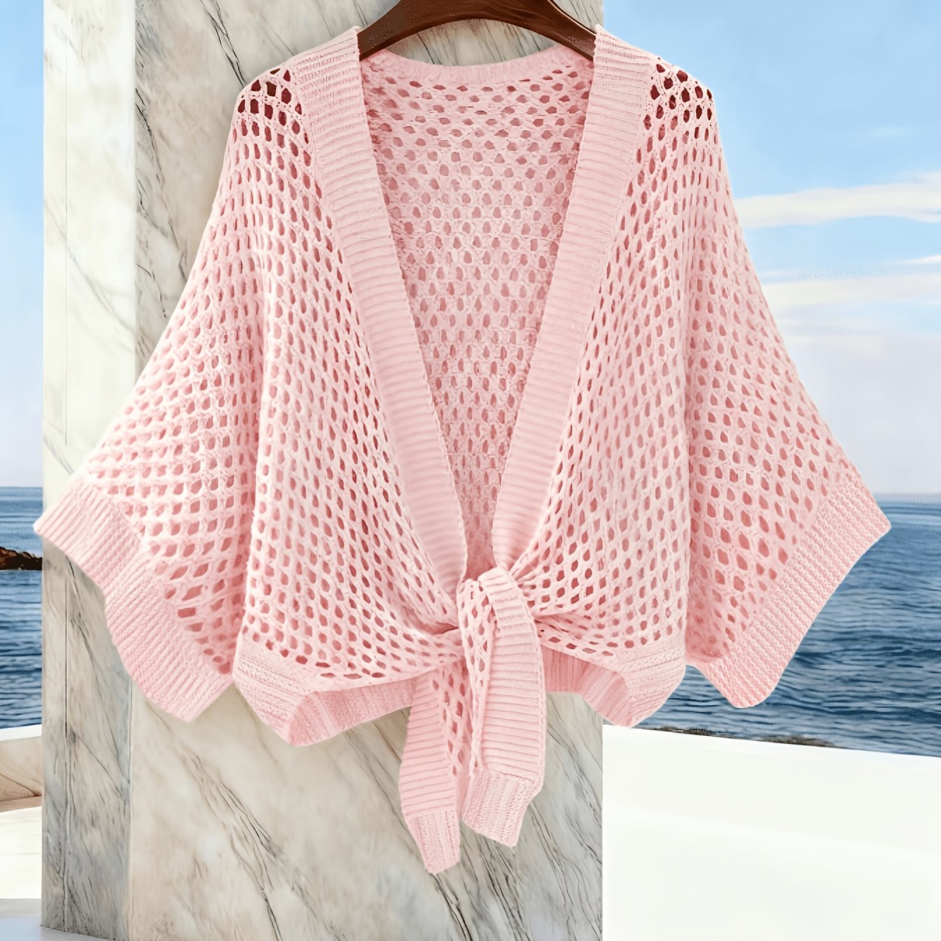 TEMU Hollow Mesh Lace-up Cardigan, Short V-neck Design, Breathable And Versatile Outerwear For Spring And Summer