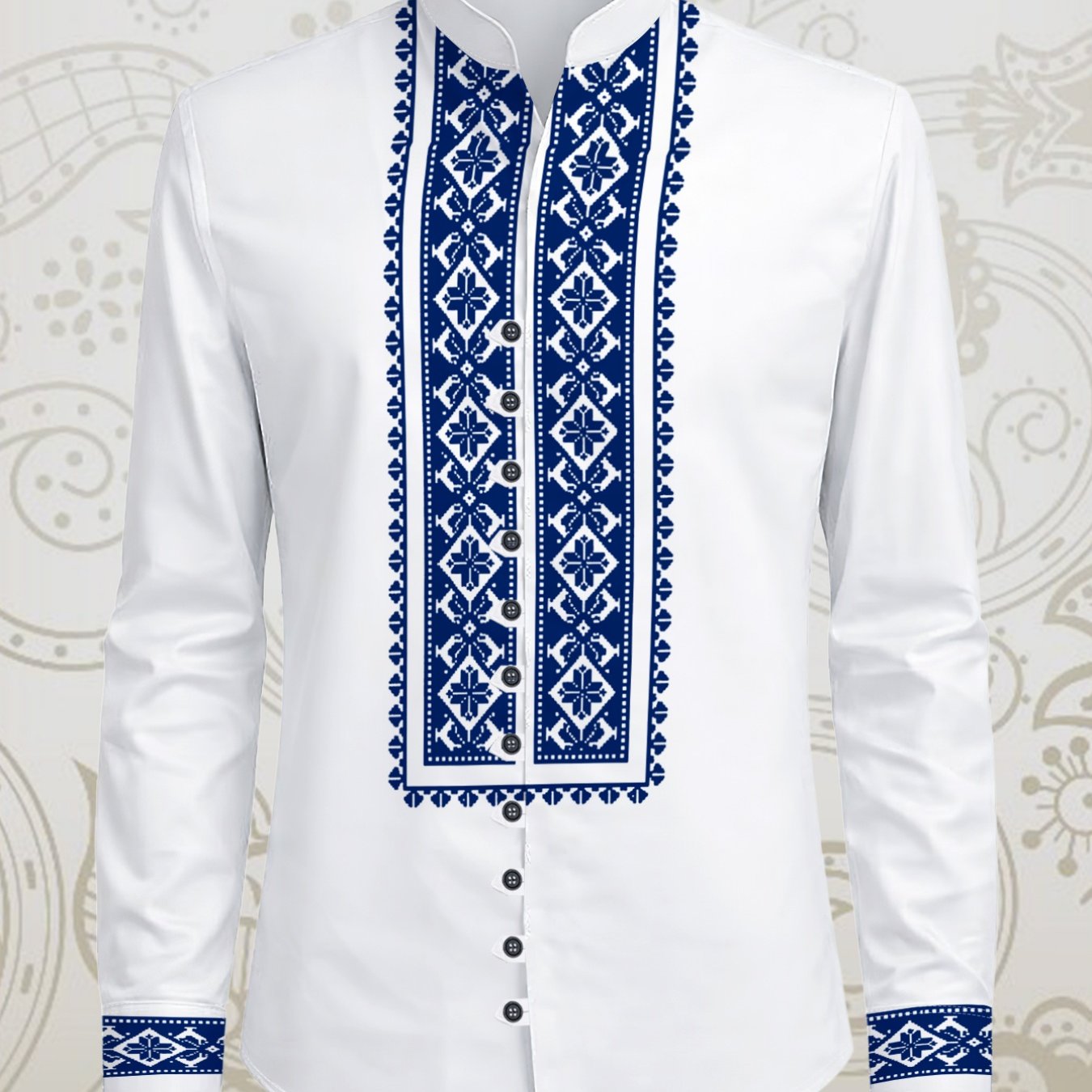TEMU Men's 11-row Button Stand Collar Long Sleeve Shirt With Ethnic Embroidered Patterns Casual Top