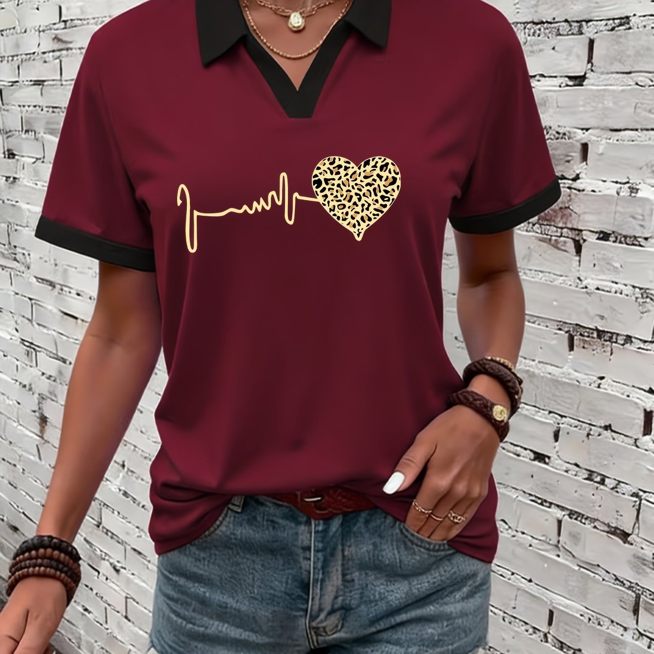 TEMU Plus Size - Leopard Print Lightning Heart Pattern Spring Summer New Women's Shirt Short Sleeve T-shirt, Fashionable Elegant Women's Short Sleeve