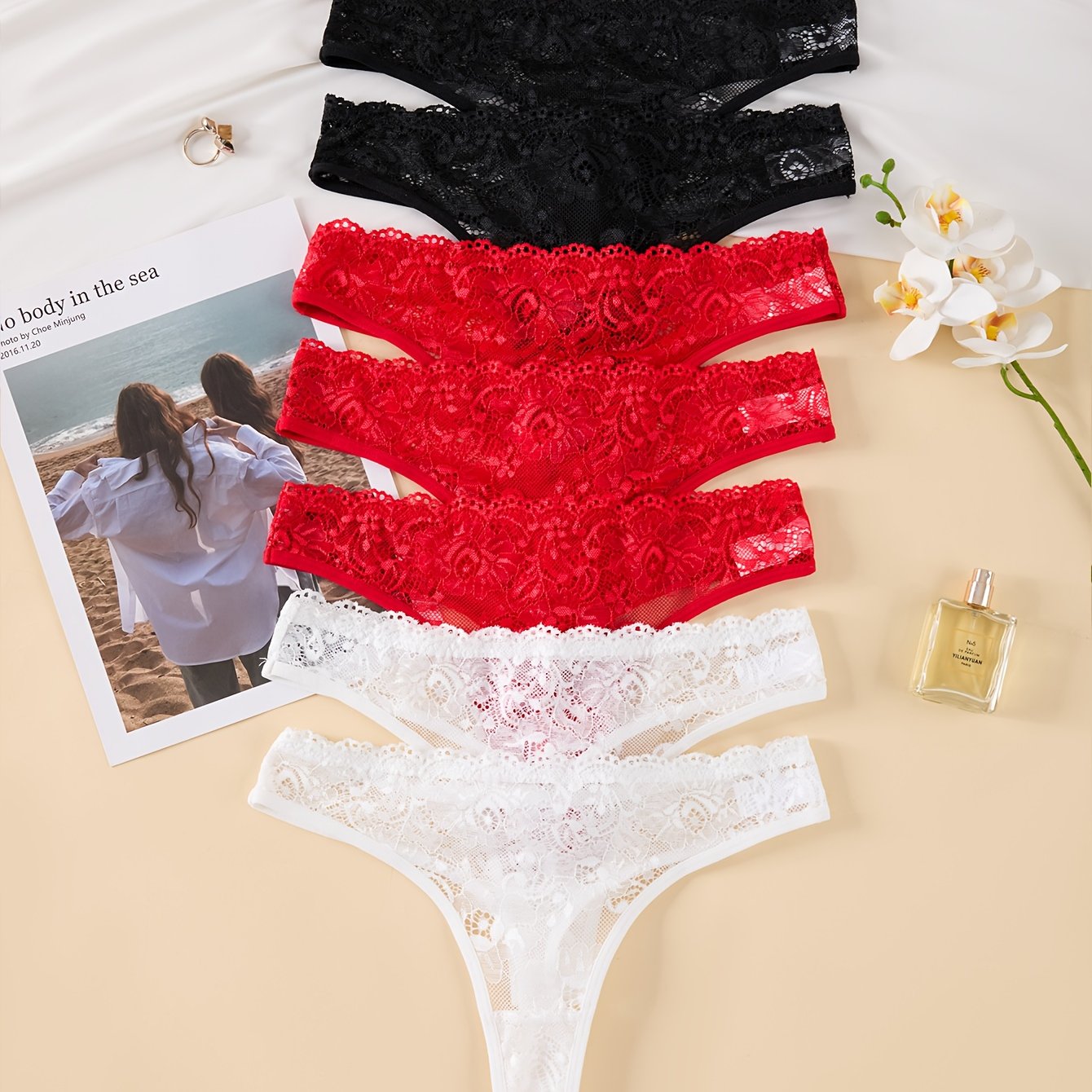 Image of 7pcs Women's Lace Floral Thong Set, Simple European And Comfortable Panties