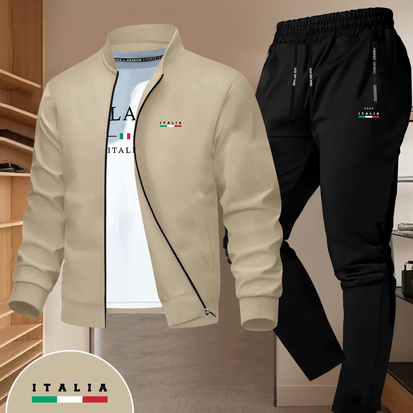 TEMU A Two-piece Jacket Set Featuring The Italian Flag Pattern, Designed For Men With A Trendy Style, Suitable For Casual Youth Business, This Sports