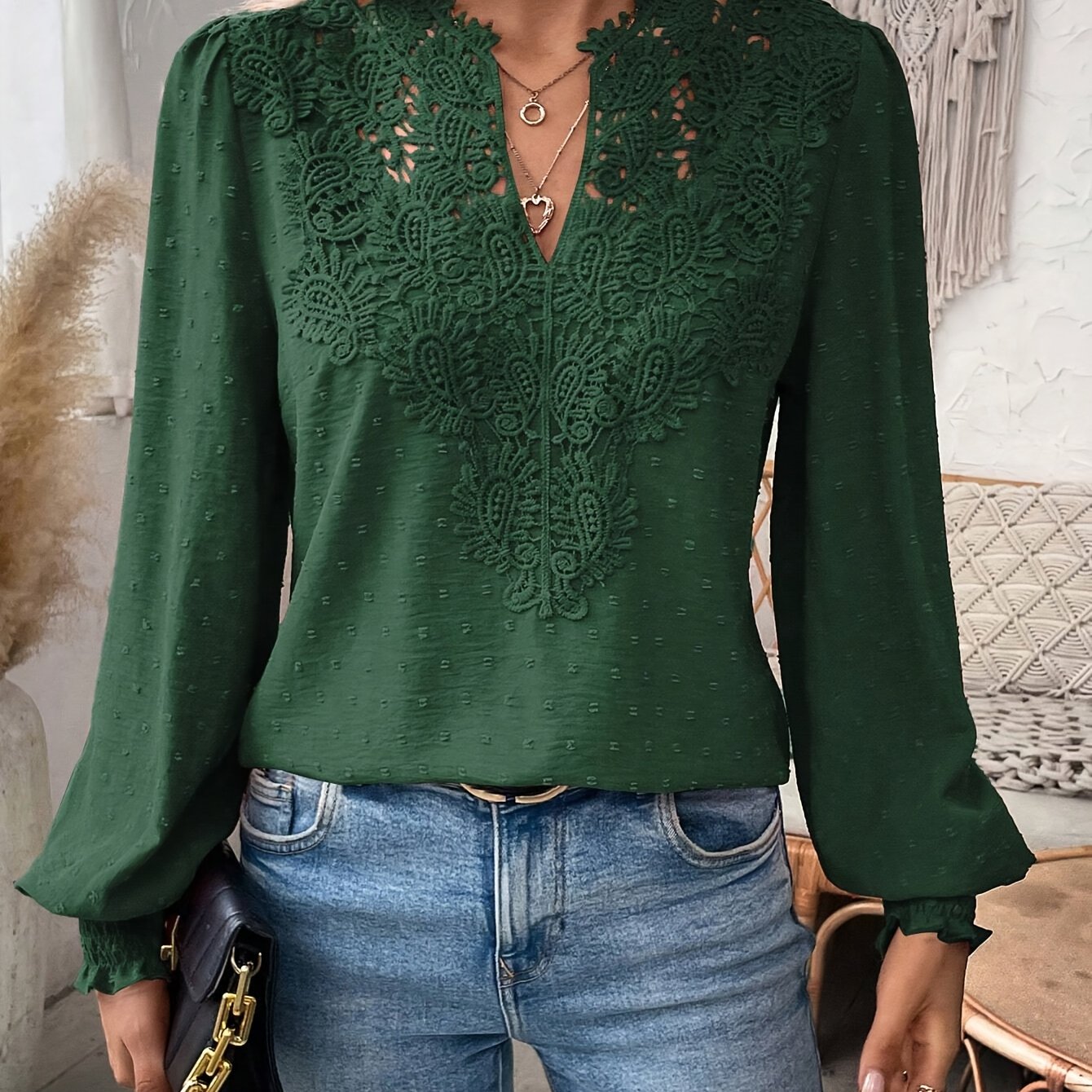 TEMU Elegant -trim V-neck Blouse With Lantern Sleeves - Machine Washable, Polyester, Spring & Fall, Plus Size Blouse