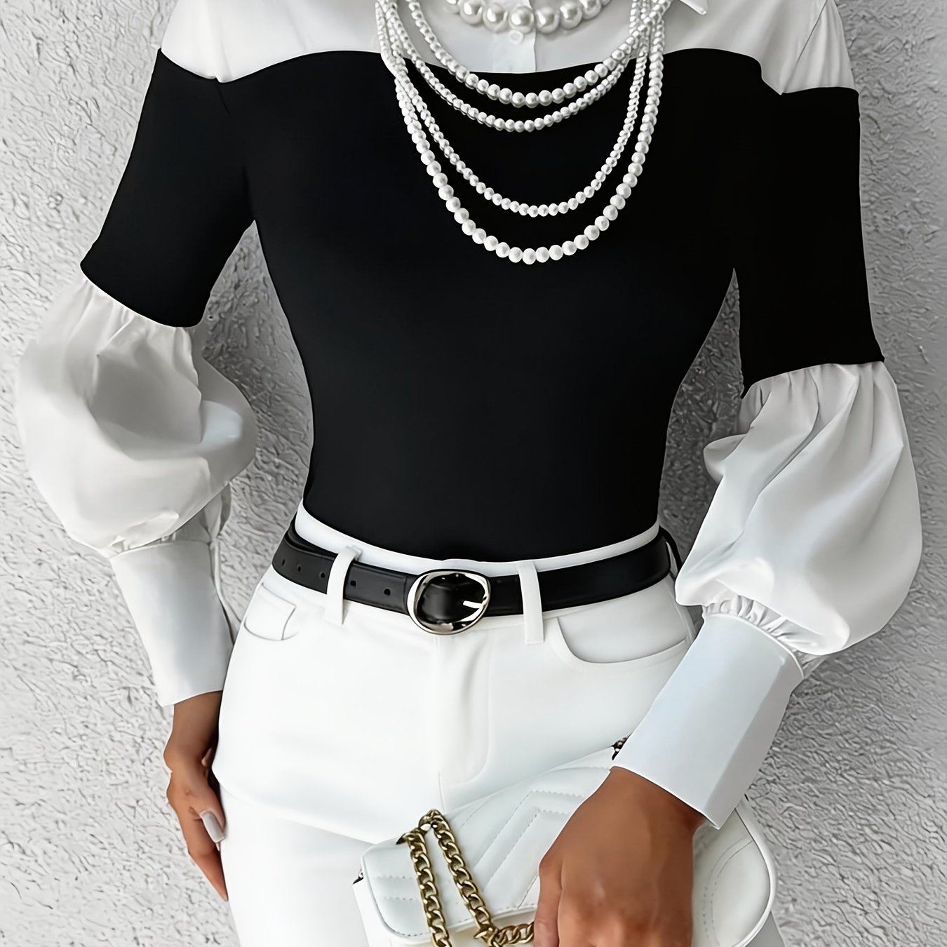 TEMU Elegant Fitted Blouse For Women, Featuring Color- Pleated Lantern Sleeves With Buttons And A Collar, Perfect For Office Commuting