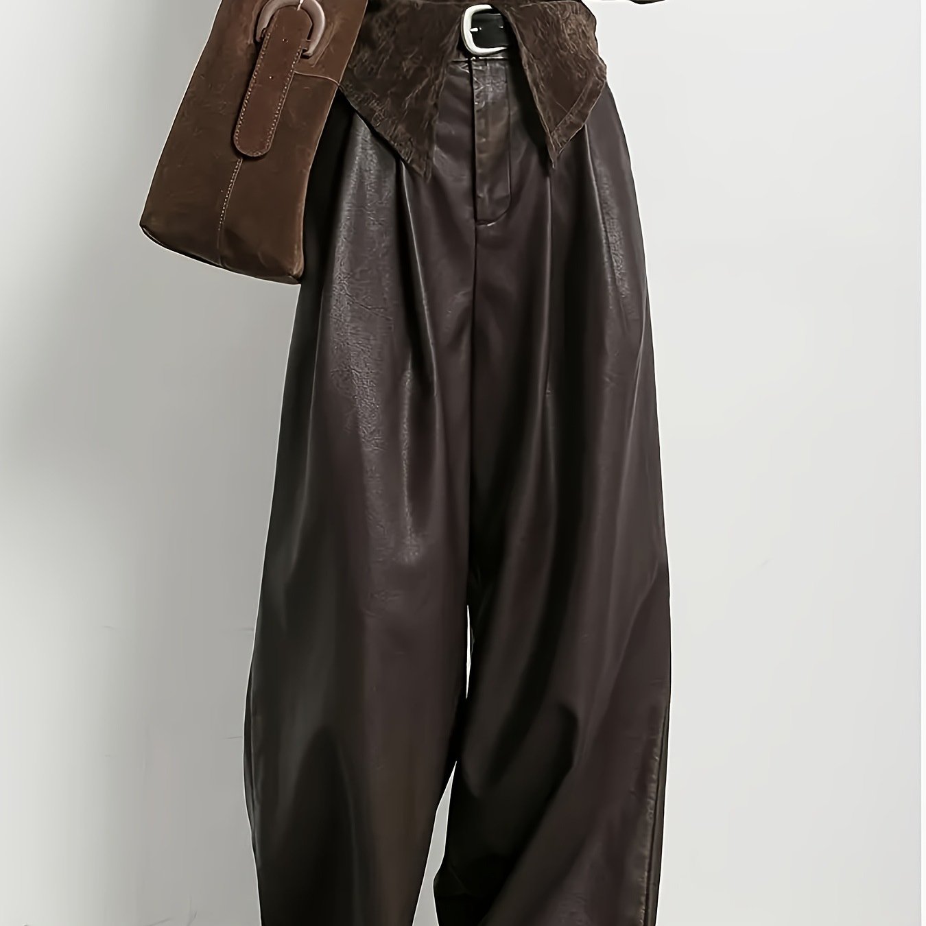 TEMU Pantaloni retr簷 marrone da donna, con pantaloni casual a larga plissettati