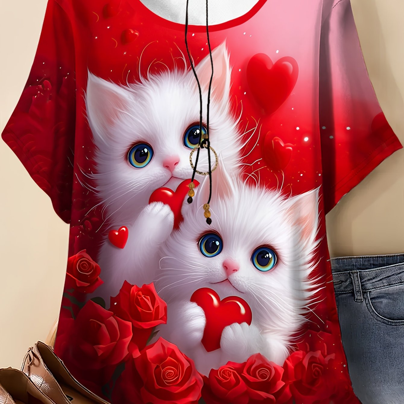 TEMU Grande Taille - Grande Taille - T-shirt Femme Grande Taille avec Impression Numérique de Chatons et , Yeux , Tenant un Motif de Cœur Rouge,