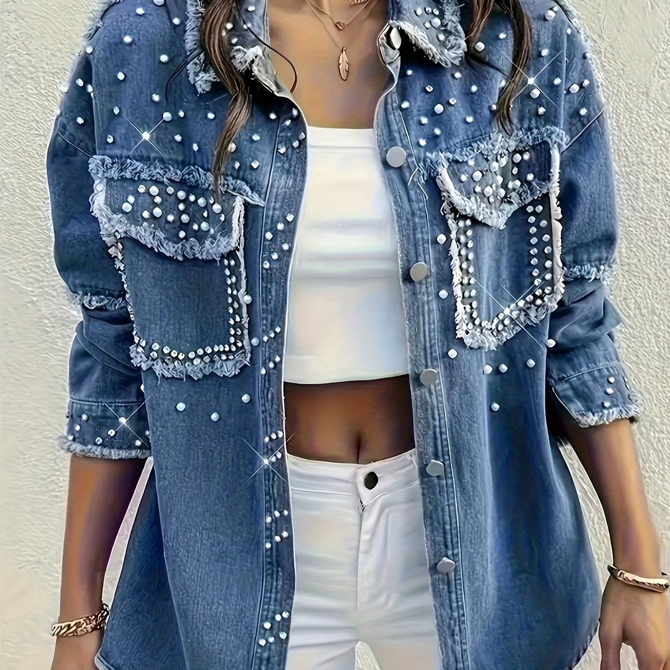 Image of 25aw Diamond Pearl Women's Plus Size Diamond Pearl Embellished Denim Jacket Washed Denim Coat Fashion Casual Denim Top