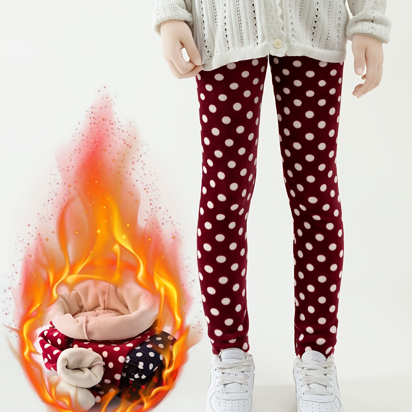 Image of Cozy & Stylish Girls' Fleece-lined Polka Dot Leggings - Slim Fit, Stretchy & Warm For Fall/winter, Machine Washable
