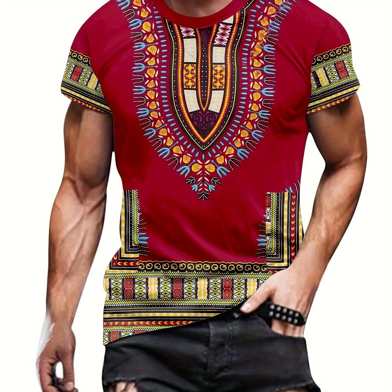 TEMU Men's African-inspired Geometric Print T-shirt - 100% Polyester Crew Neck Casual Tee, Regular Fit Slightly Stretchy 150gsm Fabric, Machine