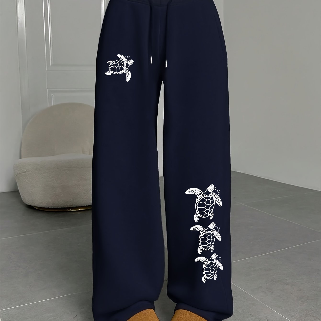 TEMU Women's Autumn Winter Fleece Loose Casual Trousers "fashionable Individual Trendy Fun Retro Turtle Group Print, A Stylish For Retro Enthusiasts'