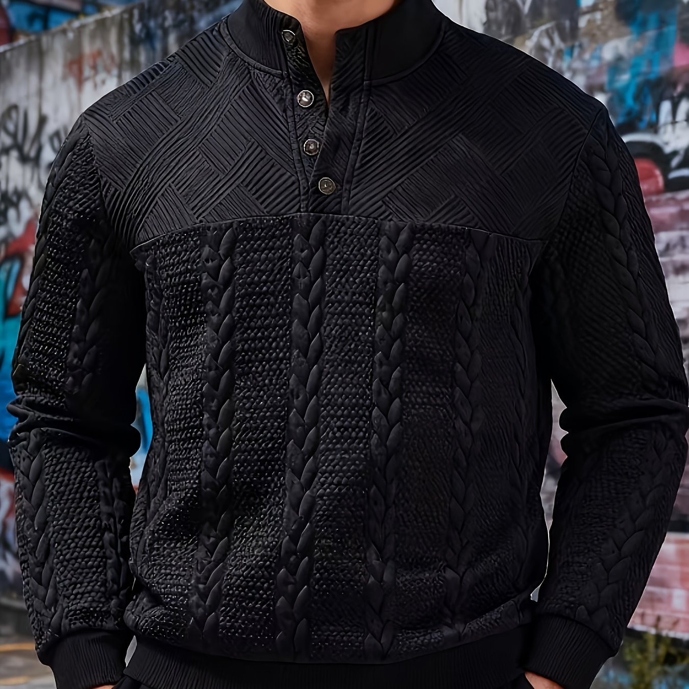 TEMU Light Luxury Men's Half Knit Sweatshirt With Collar, Four-button , Cable Knit Texture , Casual Versatile Pullover, Autumn Essentials