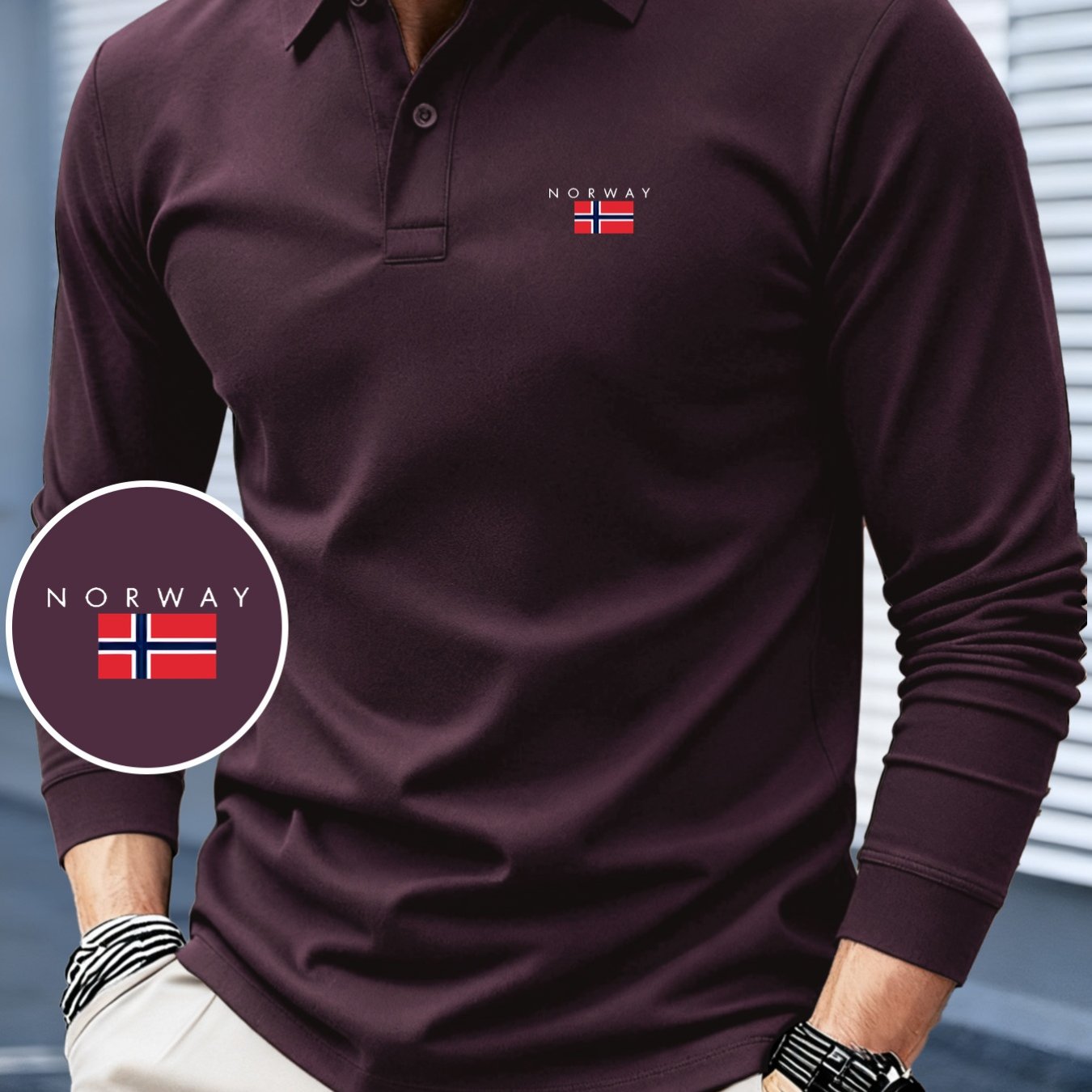 TEMU Hc2-3403#norway Men's Long Sleeve Shirt, Minimalist Fashion Print, 2025 Autumn/winter New Arrival, Contrast , Fashionable And Premium, Collared