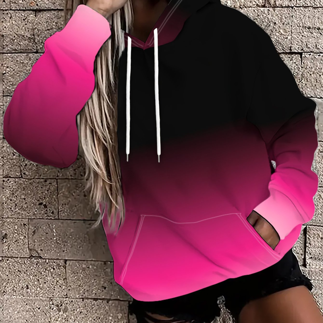 TEMU Women's Hooded Sweatshirt With A Black-to-pink-white Gradient Background, Featuring A Soft And Transition- Trendy And Simple, With And A