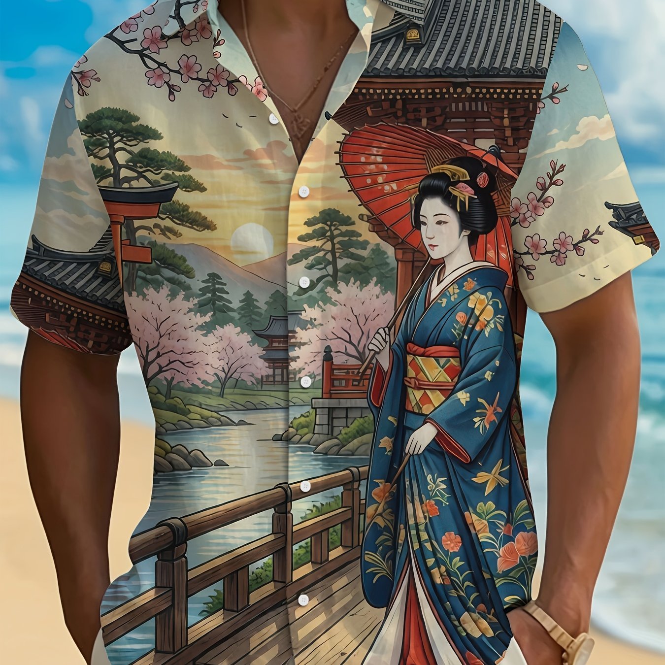 TEMU 1pc Men's Summer Short Sleeve Button-up Shirt, -e Cherry Geisha Print Short Sleeve Collared Button-up Shirt, Retro Ancient Architecture Torii