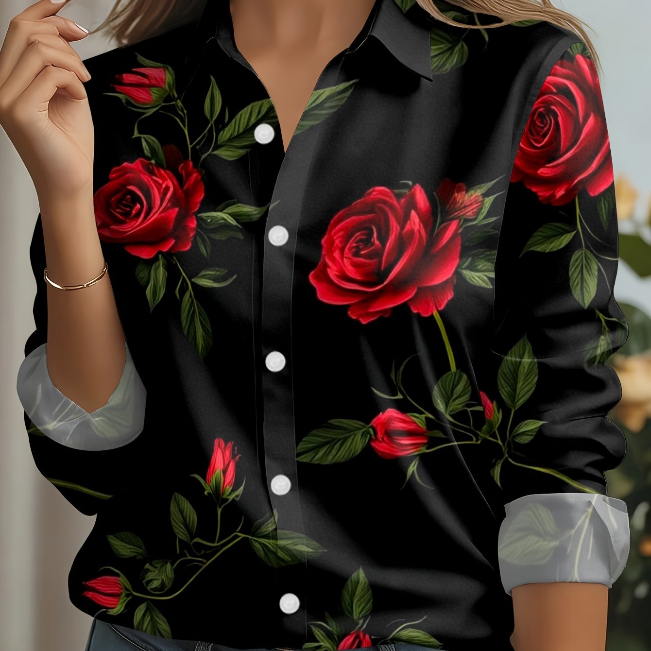 TEMU Women's Long Sleeve Blouse, Vintage Red Rose Print Design, Elegant Temperament Style, Fashionable And Versatile, Comfortable And Skin-friendly,