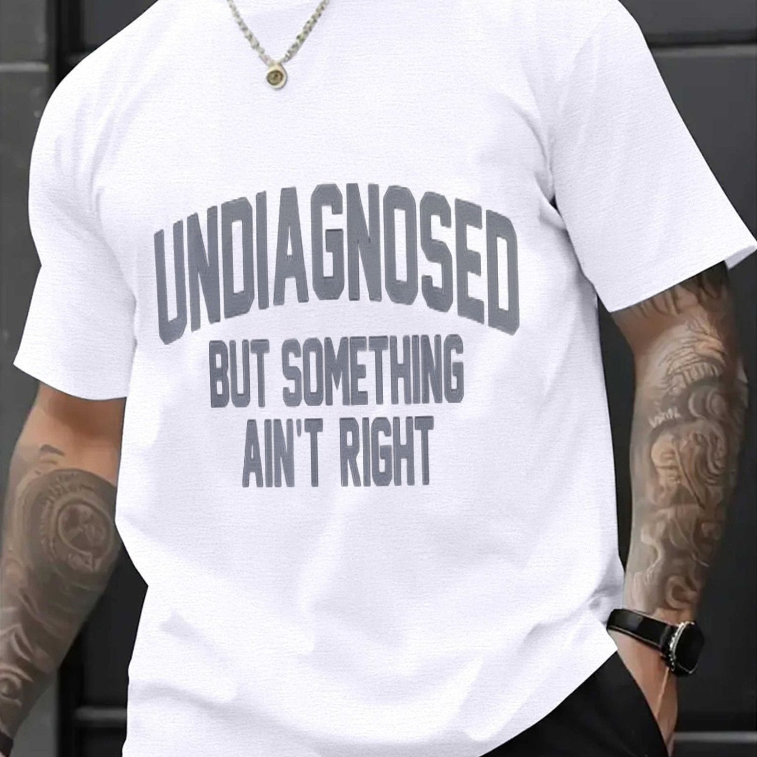 TEMU Plus Size Men's , Gray Text "undiagnosed But Something Off" - Casual Round Neck Tee Suitable For Outdoor Wear
