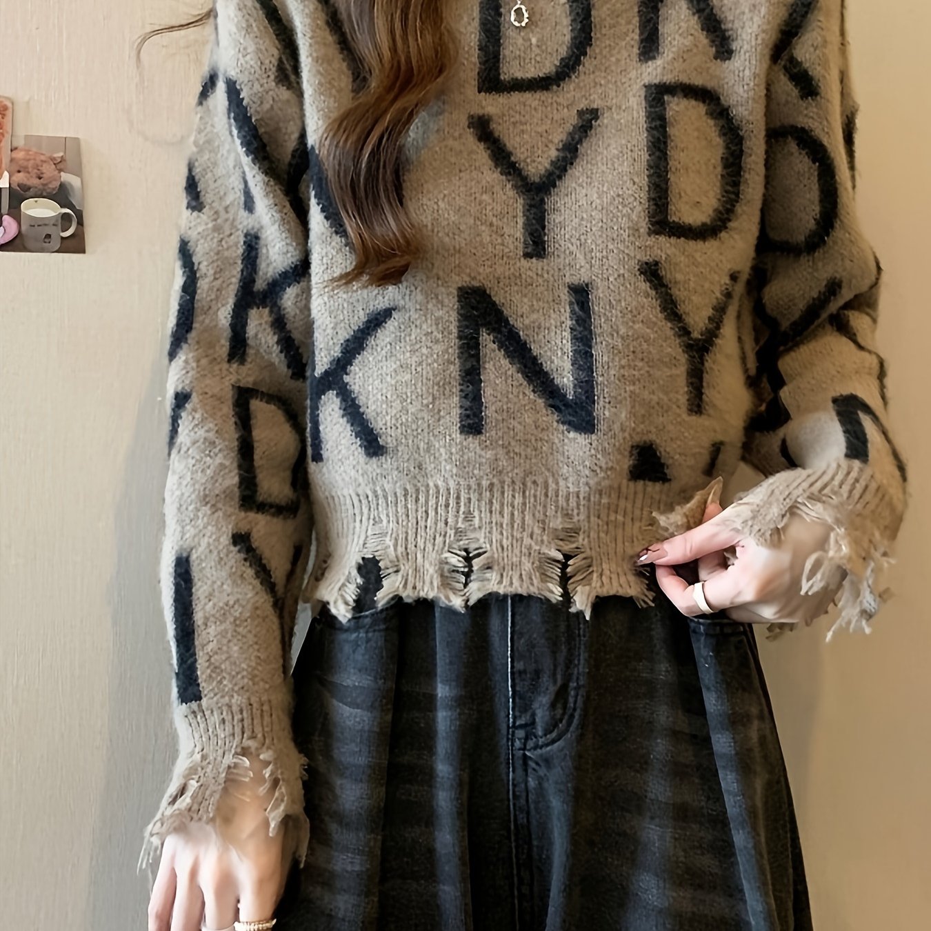 TEMU Chic Distressed Letter Pattern Sweater For Women - Vintage-inspired, High Waist, Long Sleeve, Round Neck, Polyester Knit Top, Fall/winter