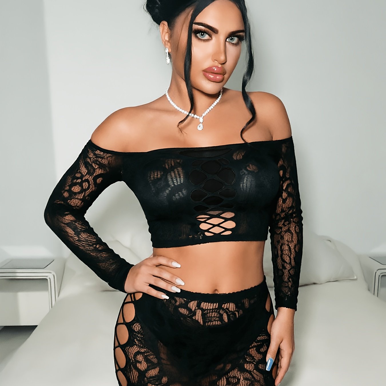 Plus-size Women'-piece Set - Stretch Lace Cutout Crop Top And Mini Skirt, Leopard-print Cutout Outfit For Carnival/easter/date Night Parties, Hand Washable, Unlined
