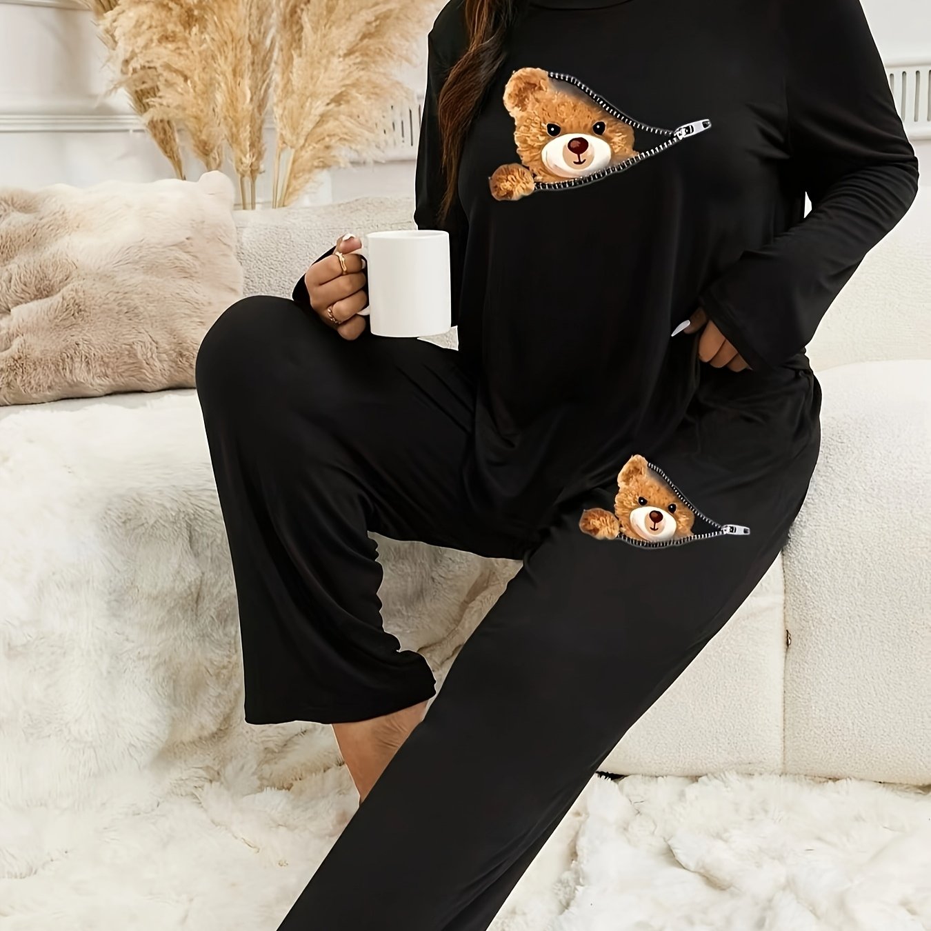 Plus Size 3d Cartoon Bear Print Black Long Sleeve Plus Pants Set