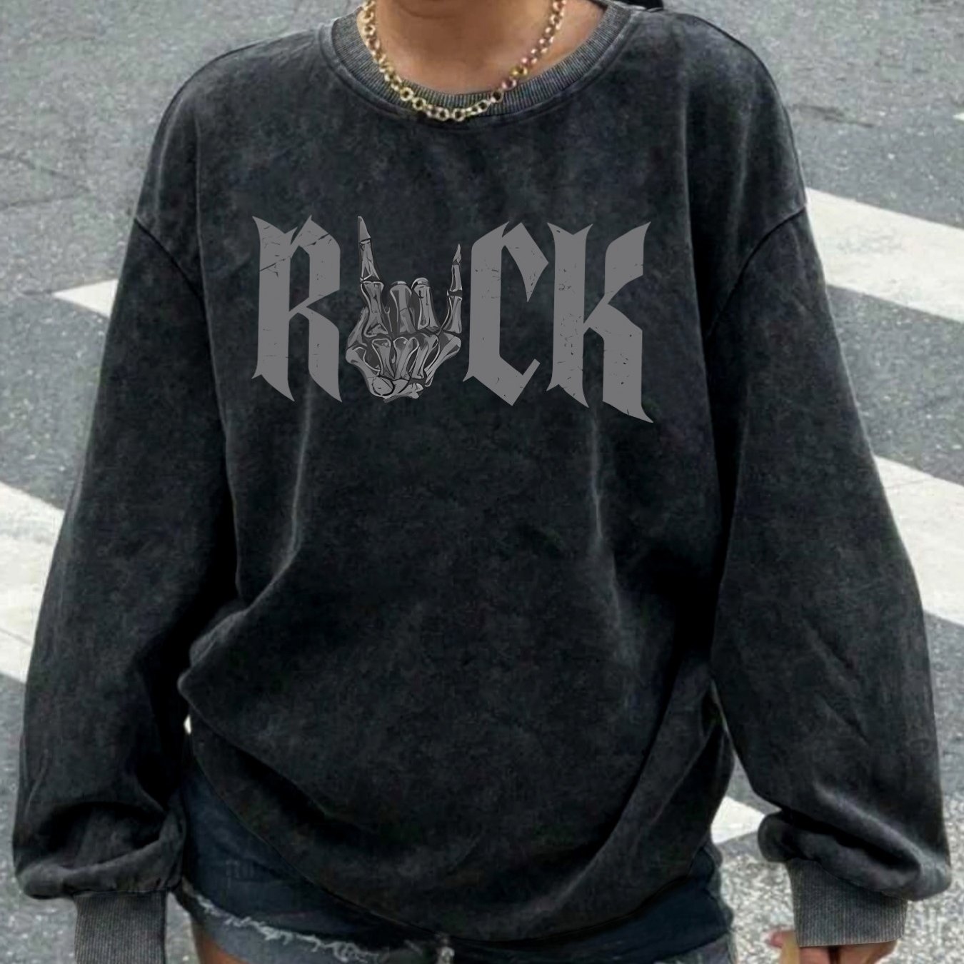 Image of Skeleton Printed Casual Retro Women's Washed Round Neck Hoodie For Autumn And Winter, Women's Clothing