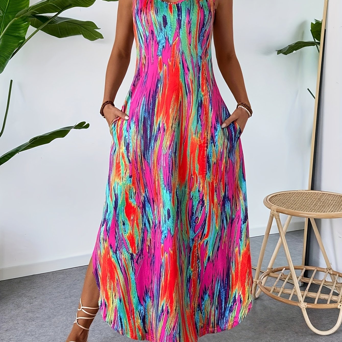 TEMU Summer Casual Holiday Multicolor Round Neck Loose Tank Dress