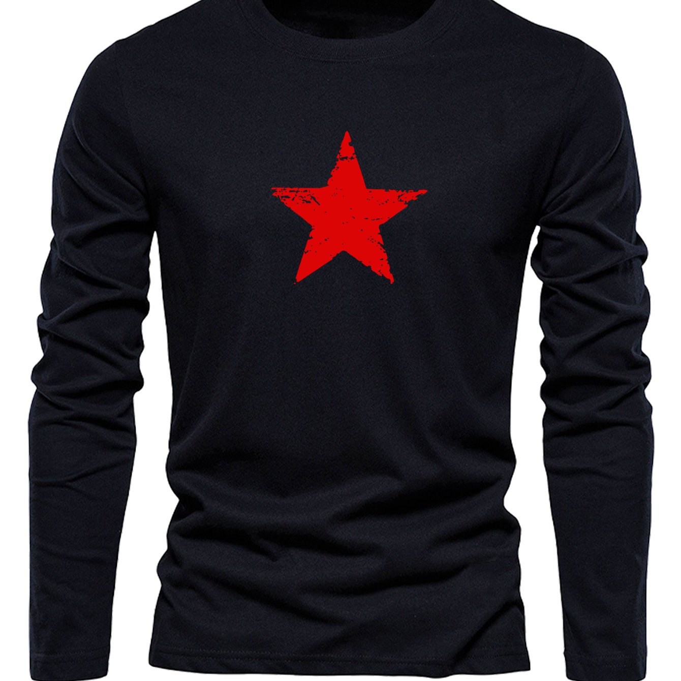 TEMU Men's Vintage Distressed "-pointed Star" White Long Sleeve T-shirt, New Casual Long Sleeve Tee, Spring/autumn Trendy Minimalist Round Neck Top,