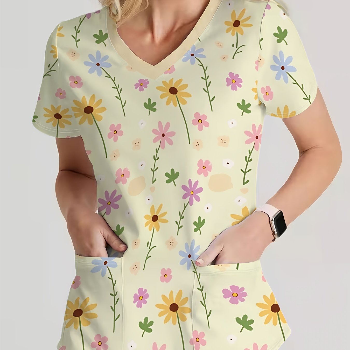 TEMU Women's Short-sleeve V-neck T-shirt With Full-body Floral Print & Front Blouse-compatible Top | Soft Suitable For 's Day, Easter Gifts, Casual