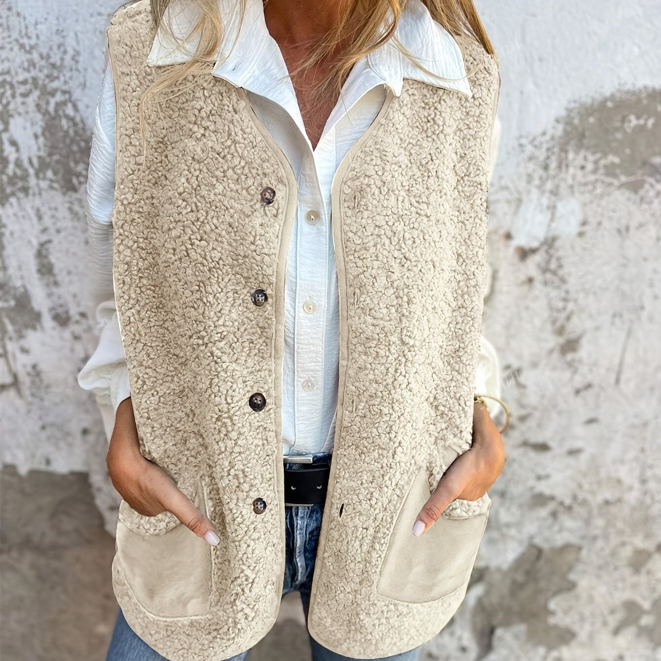 Autumn And Winter Women's Fashion Casual Versatile Solid Color Textured Warm Furry Vest Coat