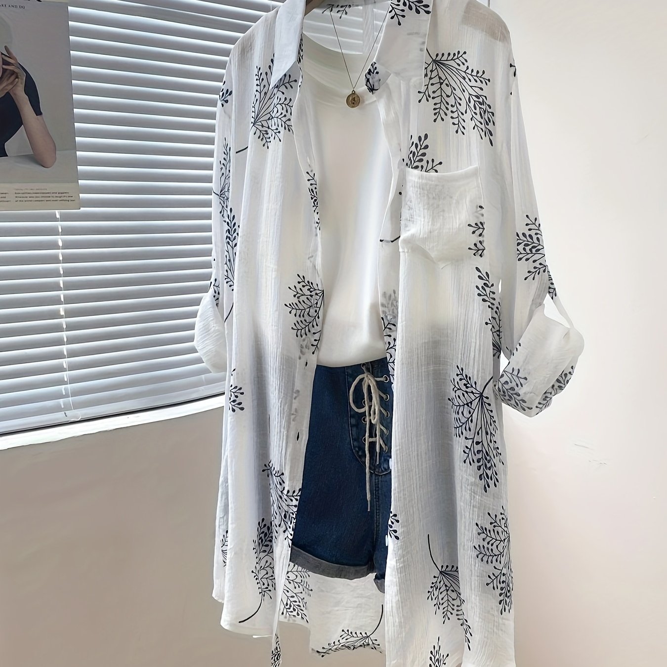 TEMU Plant Print Button Front Shirt, Elegant Long Sleeve Breast Pocket Shirt For Spring & Fall, Women's Clothing