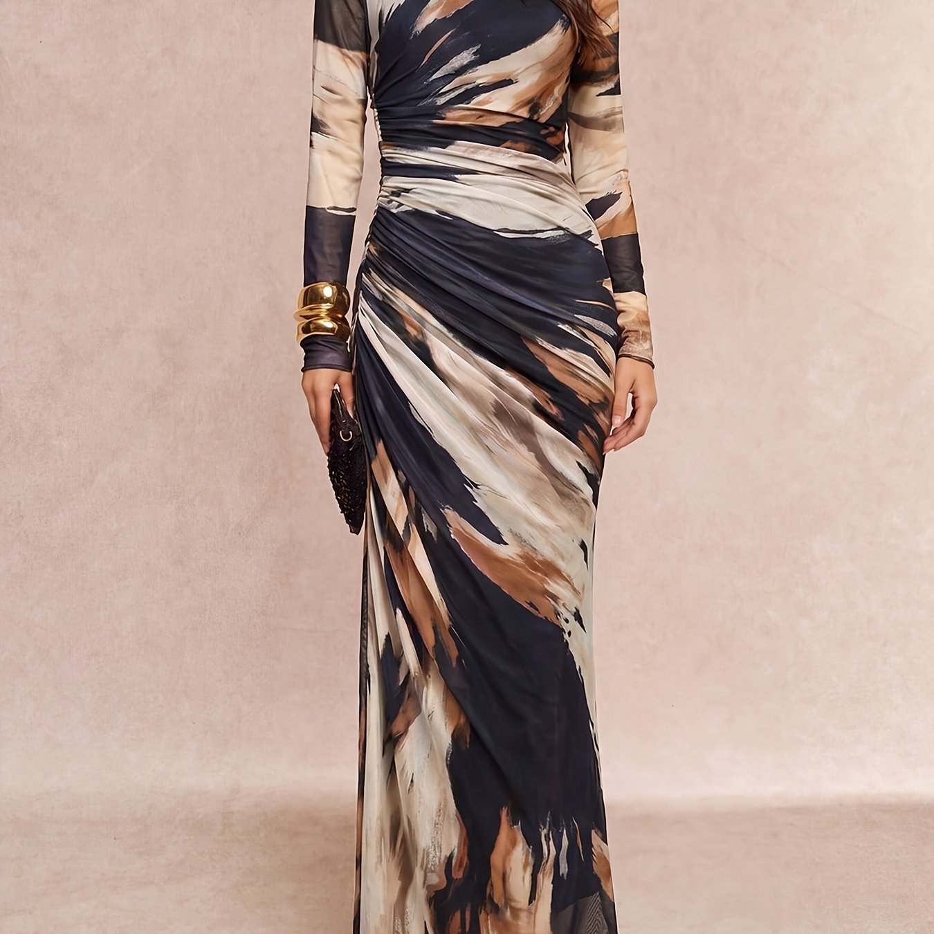 TEMU Elegante Vestido Largo de Malla Degradada Ombre Estampado para Mujer, Cuello , Larga, Cintura Fruncida, Vestido Elegante de Otoño Adecuado para