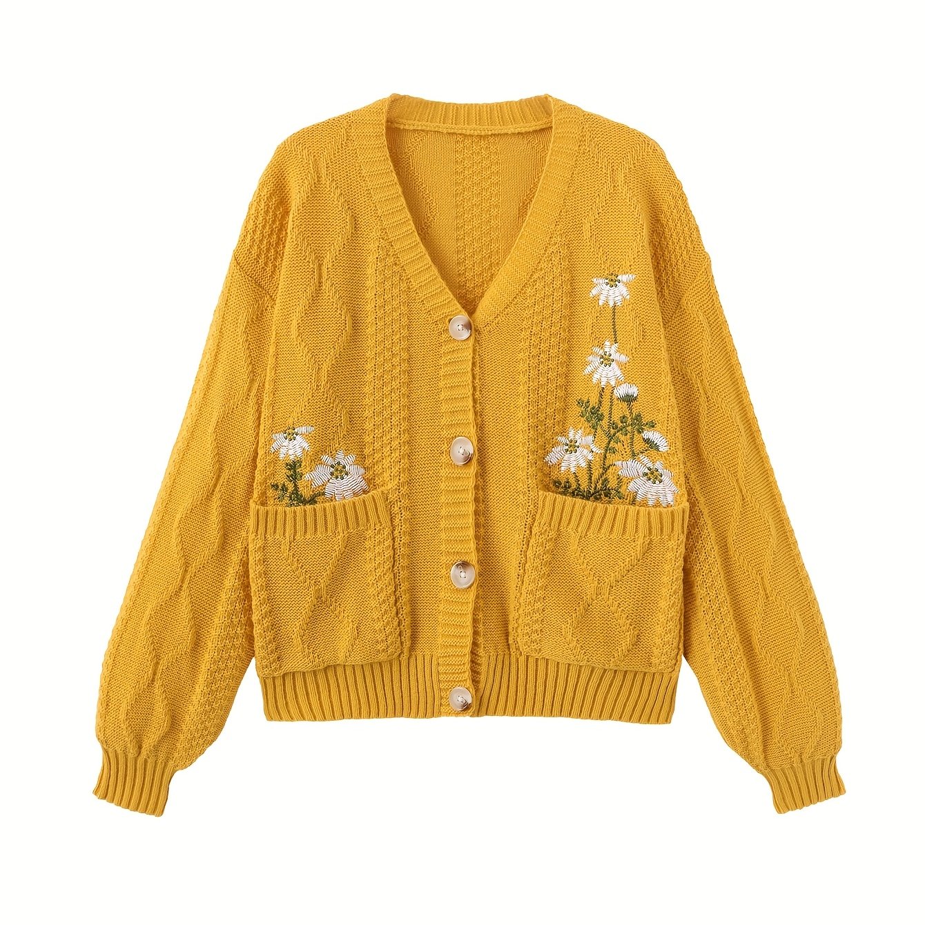 E-shop Damens Cardigan mit Blumenstickerei, Langarm Knitterjacke mit Knopfleiste und für den Herbst