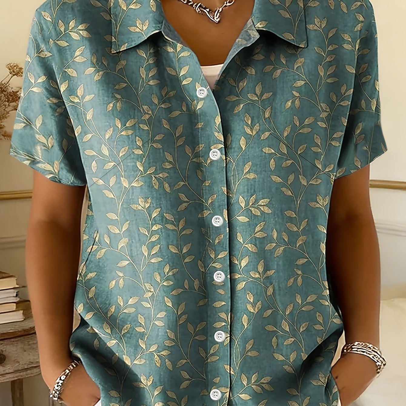 TEMU Plus Size, Casual Fashion Women's Plus Size Short Sleeve Shirt Cardigan With Plant Leaf Print