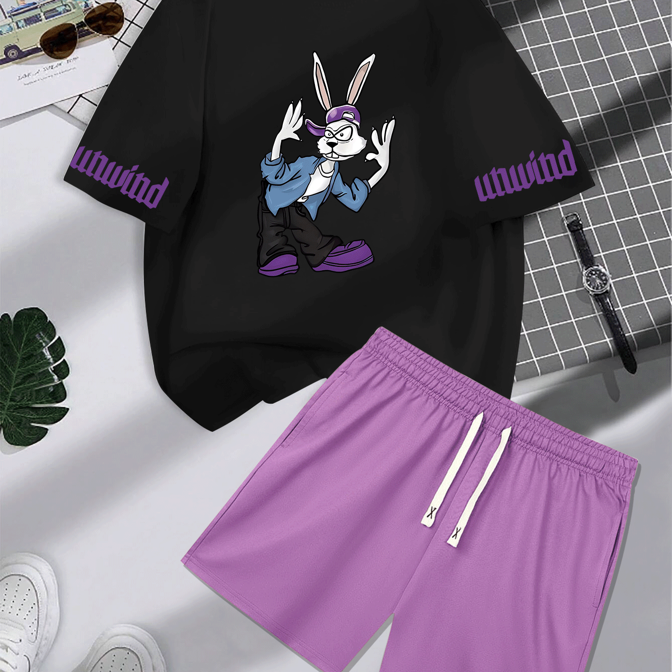 TEMU Costume décontracté à imprimés multiples pour hommes 2 pièces, ensemble de t-shirt à col rond et manches courtes avec shorts à taille élastique,