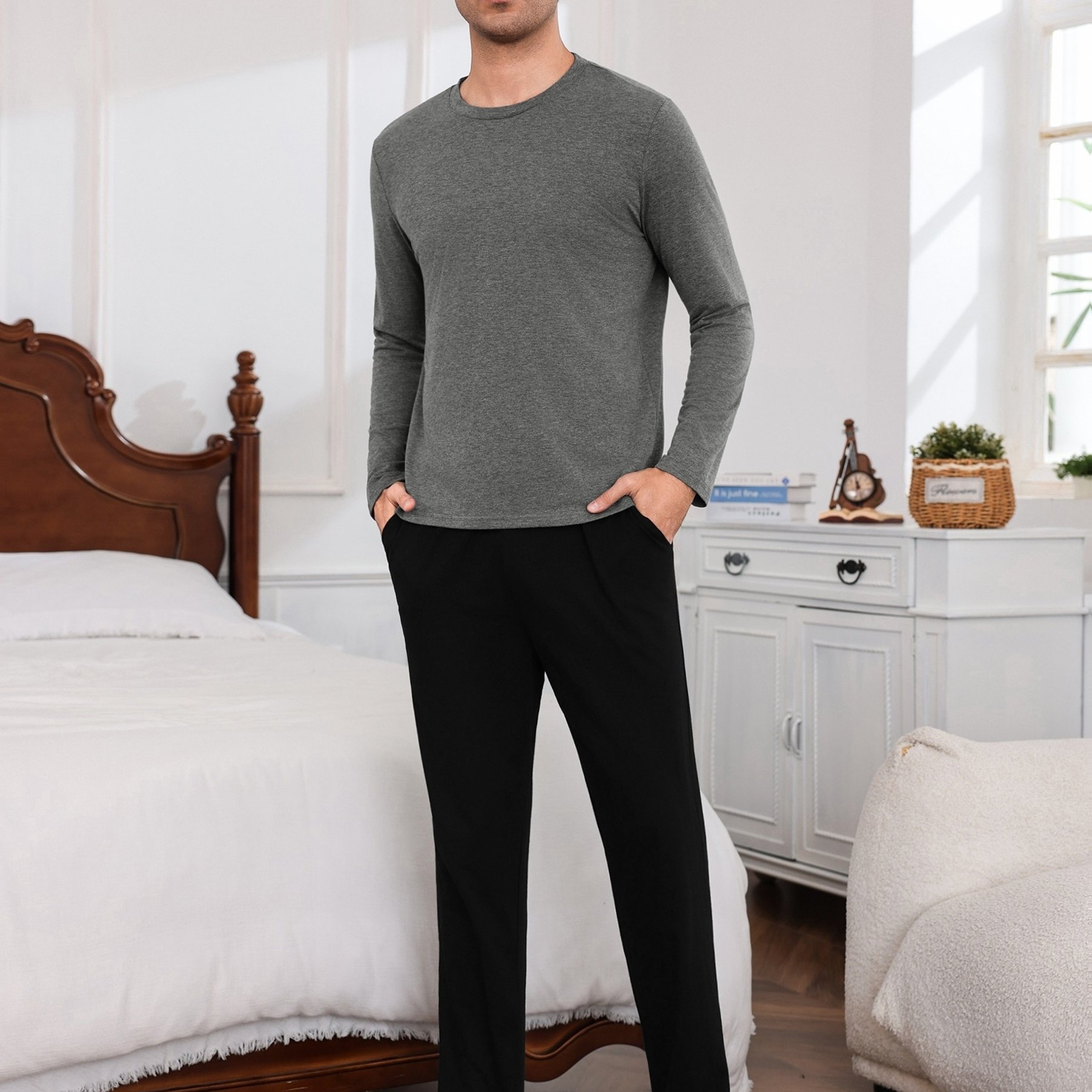 Image of Men' Color Block Crew Neck Long Sleeve Pajama Set, Solid Top & Elastic Waist Straight Long Pants With Pockets, Soft Cotton Stretchy 2pcs Sleepwear Loungewear