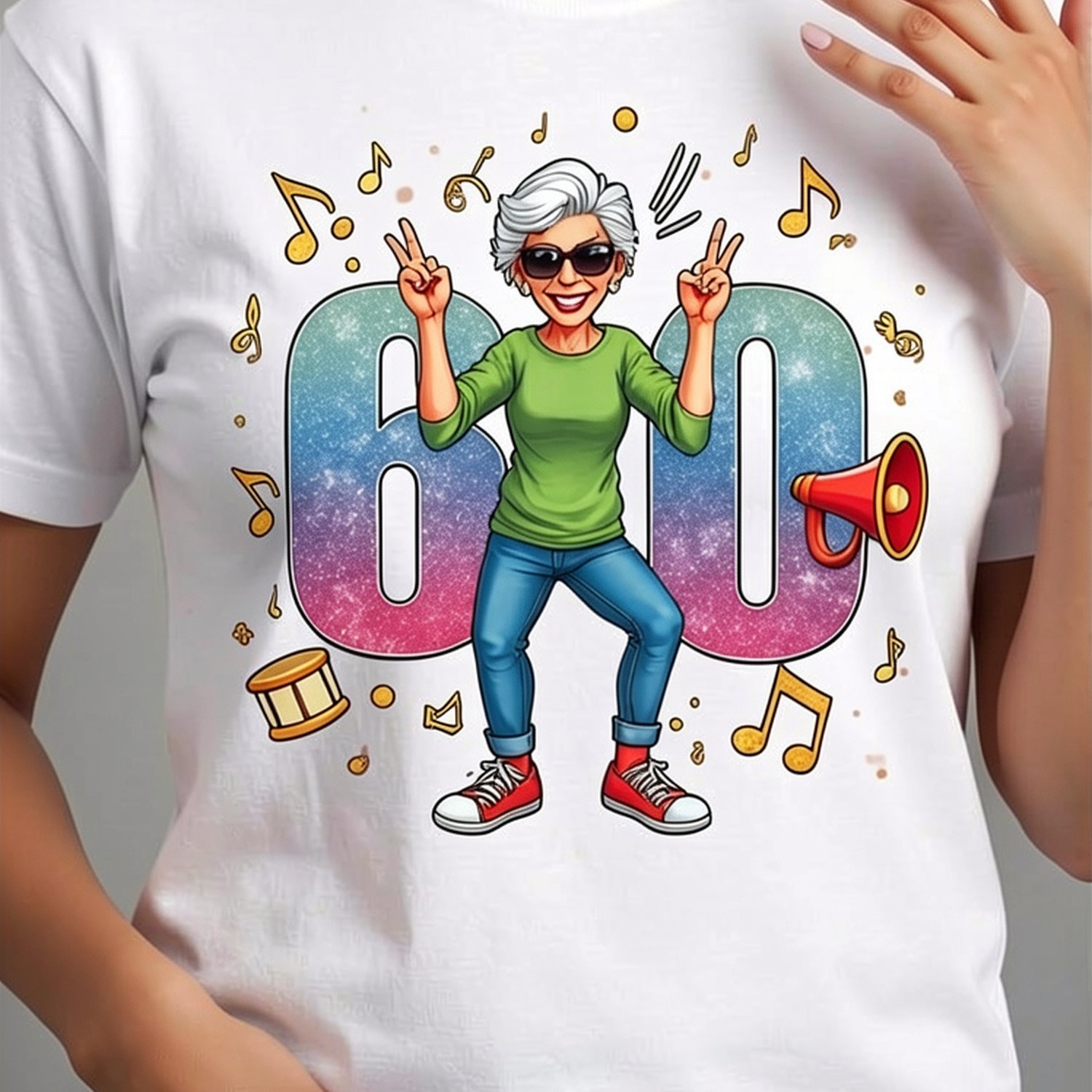 Image of Commemorate Of 60th Birthday Tee For Ladies Dancing Graphic With Music Notes, Spirit & Shimmering 60 Design, Relaxed Fit Casual Top For Ce
