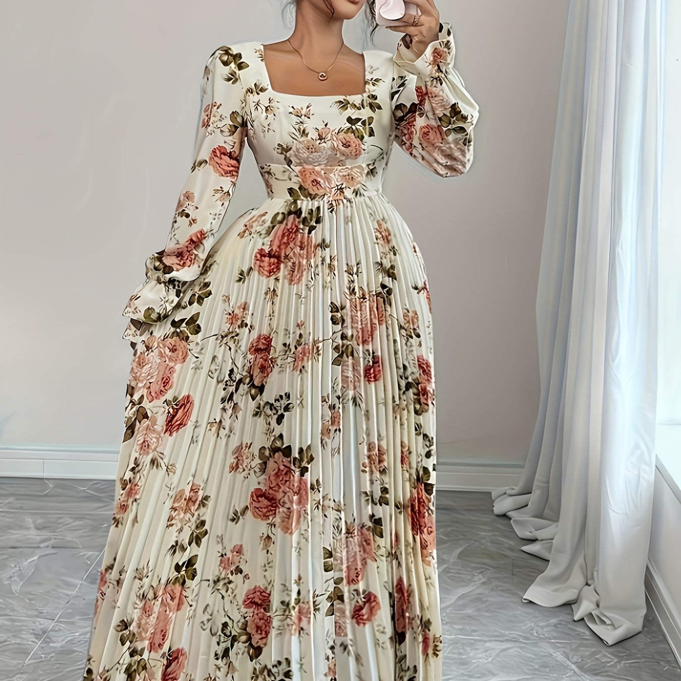 TEMU Spring/autumn Elegant Floral Square Neck Pleated Long Sleeve Dress