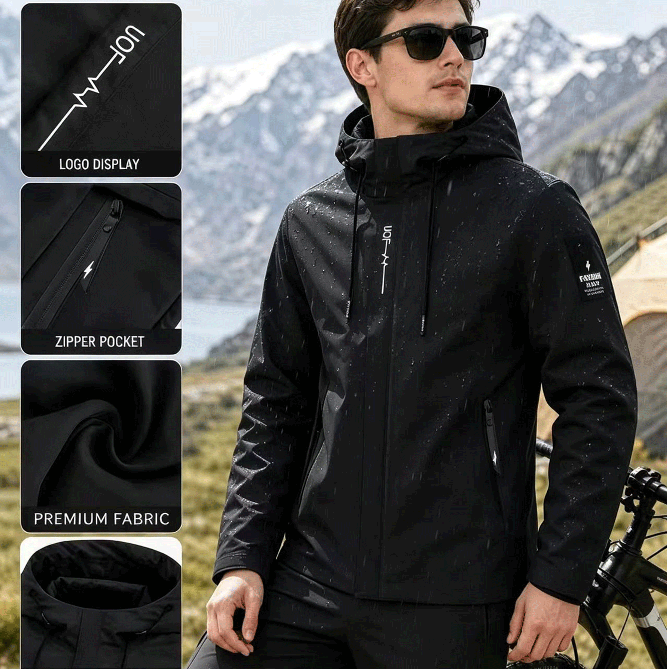 Men's Plain Print Full-Zip Hooded Jacket for Outdoor Activities