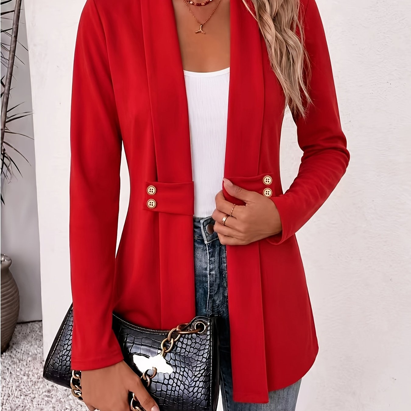TEMU Spring/ Waist-cinching Suit Women's Lapel Gold-button Slim Long-sleeve Commuter Versatile Open-front Jacket