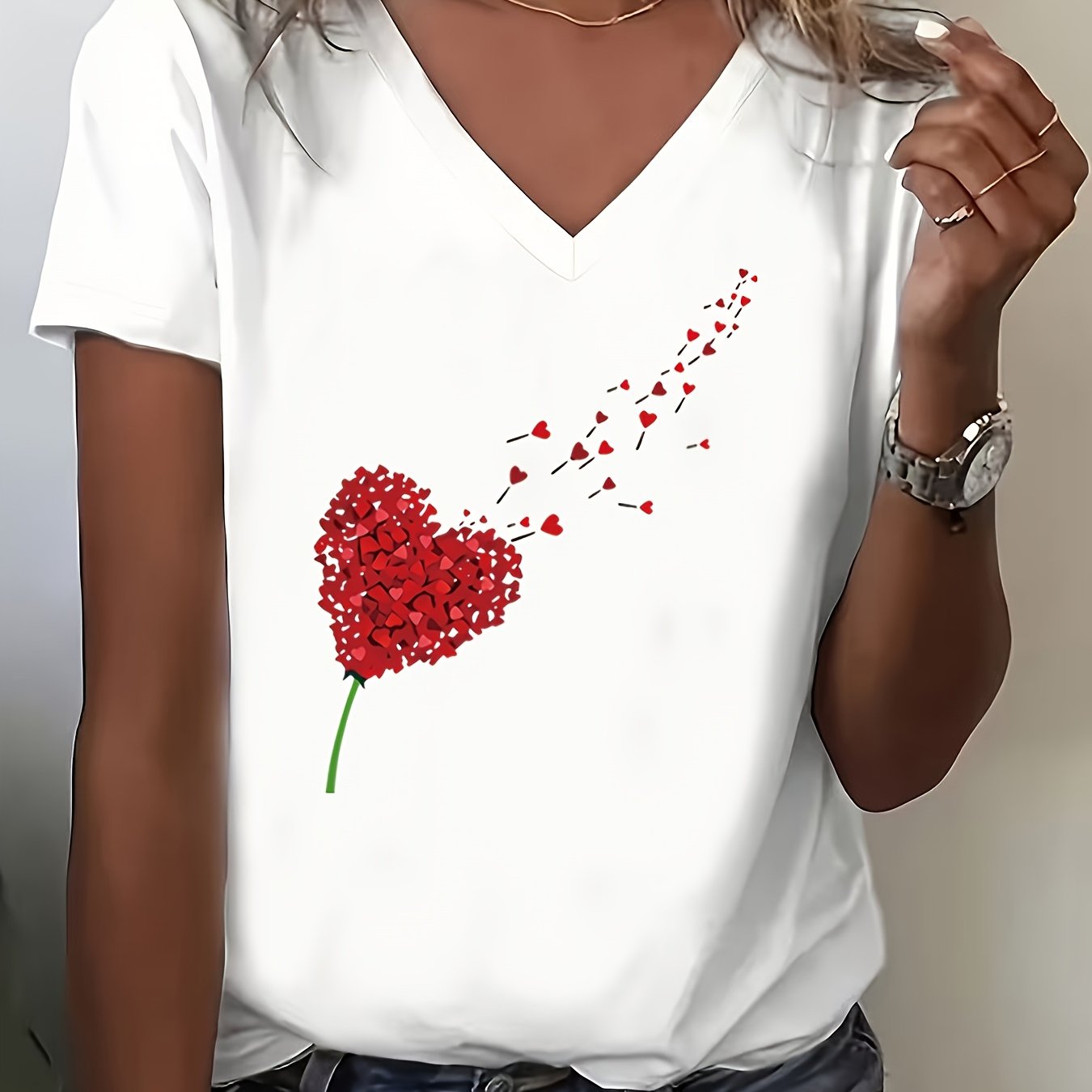 E-shop Damen Rotes Herz Muster Bedrucktes Mode Sportliches Casual V-Ausschnitt Kurzarm T-Shirt, Sweatshirt