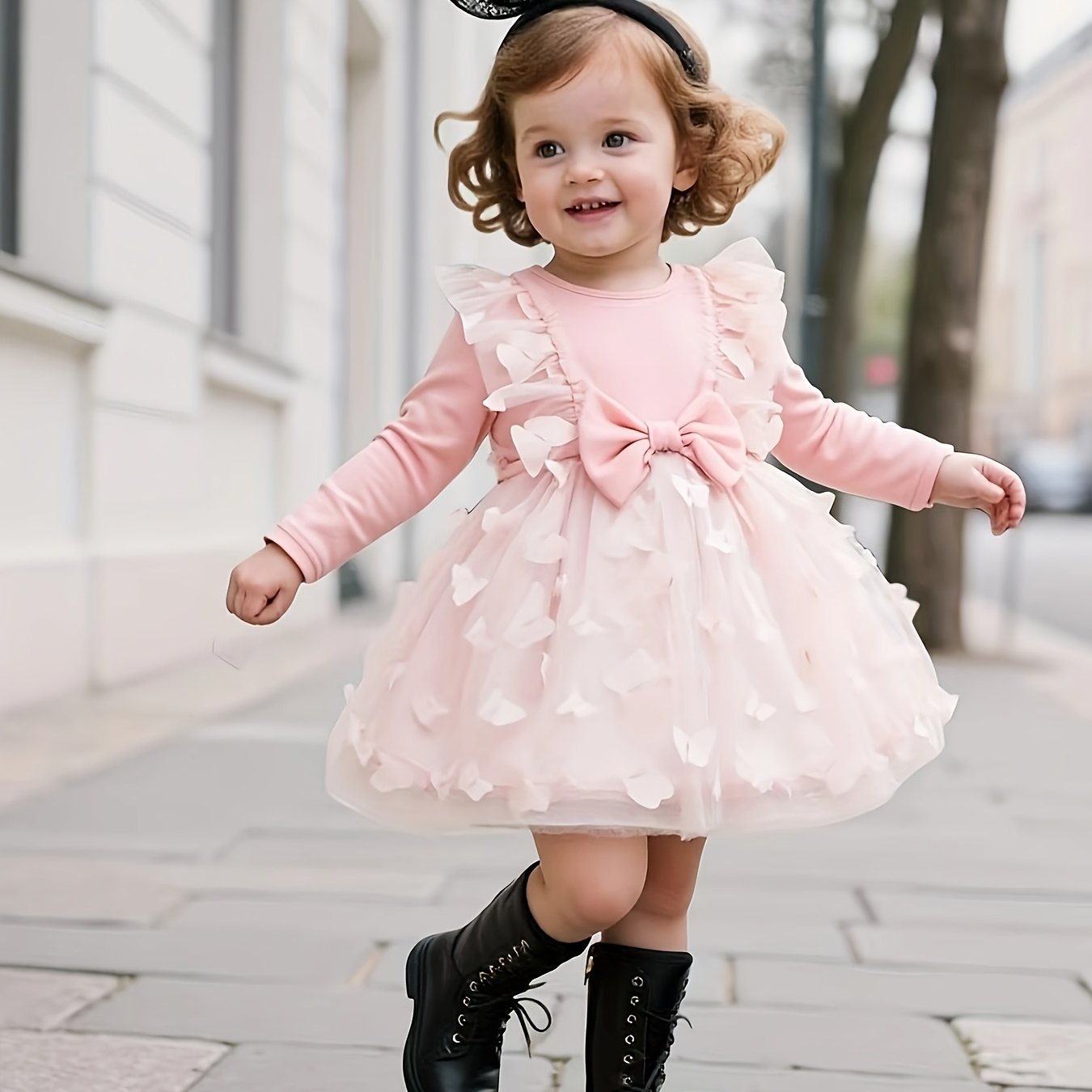 Image of Girls' /summer Lace Mesh Skirt With Ruffle Long Sleeve 3d Dress And Headband, Perfect For Outdoors