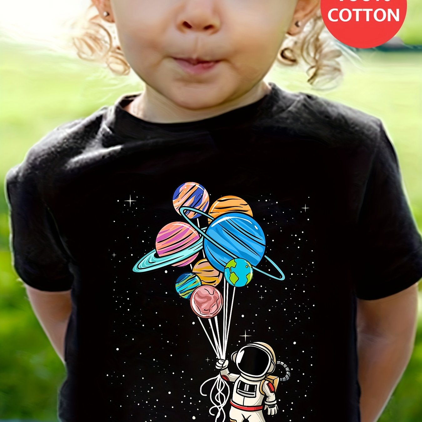 Image of Girls' Fashion 100% Cotton T-shirt With Cartoon Astronaut And Planet Print